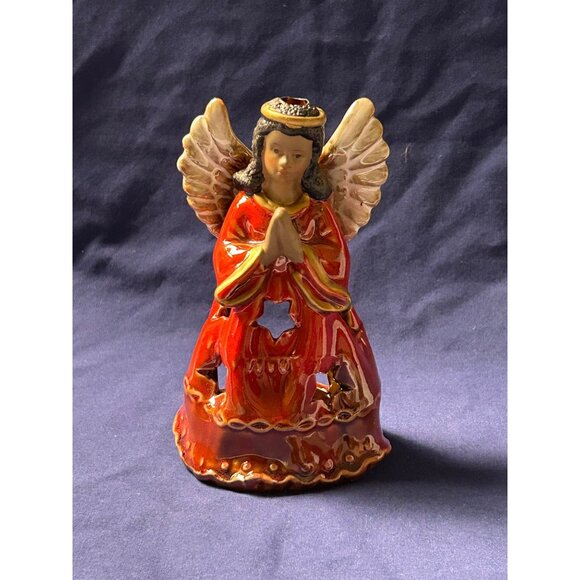 Hand-Painted Red Ceramic Angel Candle Holder W/Star & Gold Accents Religious - Picture 7 of 11